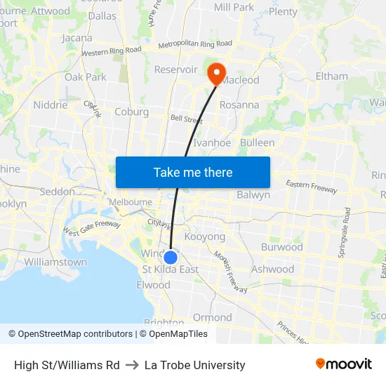 High St/Williams Rd to La Trobe University map