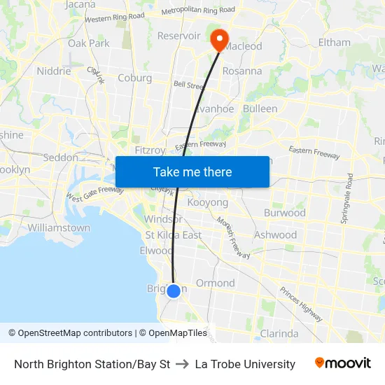North Brighton Station/Bay St to La Trobe University map