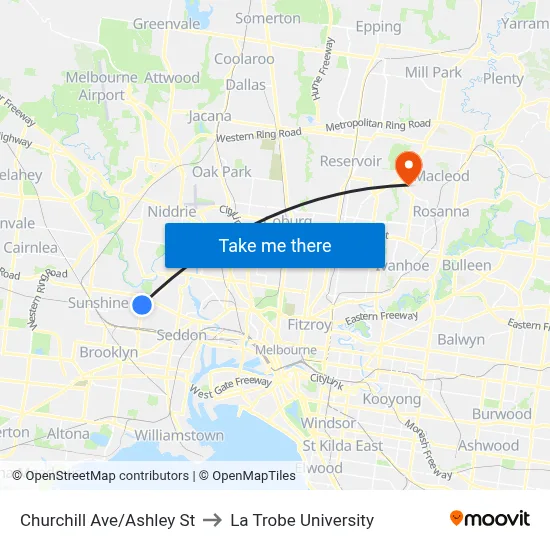 Churchill Ave/Ashley St to La Trobe University map