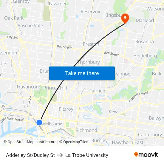 Adderley St/Dudley St to La Trobe University map