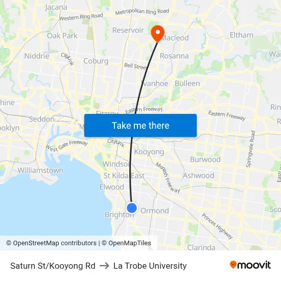 Saturn St/Kooyong Rd to La Trobe University map