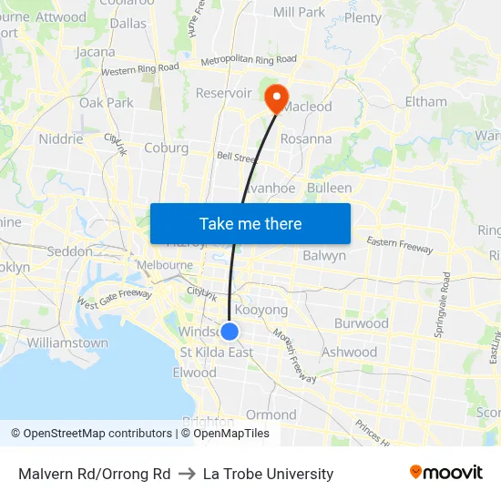 Malvern Rd/Orrong Rd to La Trobe University map