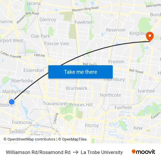 Williamson Rd/Rosamond Rd to La Trobe University map