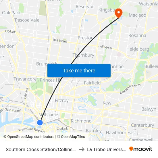 Southern Cross Station/Collins St to La Trobe University map