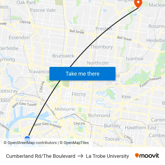 Cumberland Rd/The Boulevard to La Trobe University map