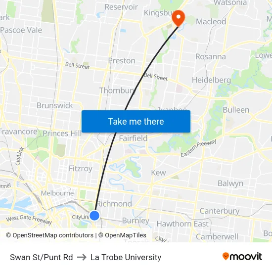 Swan St/Punt Rd to La Trobe University map