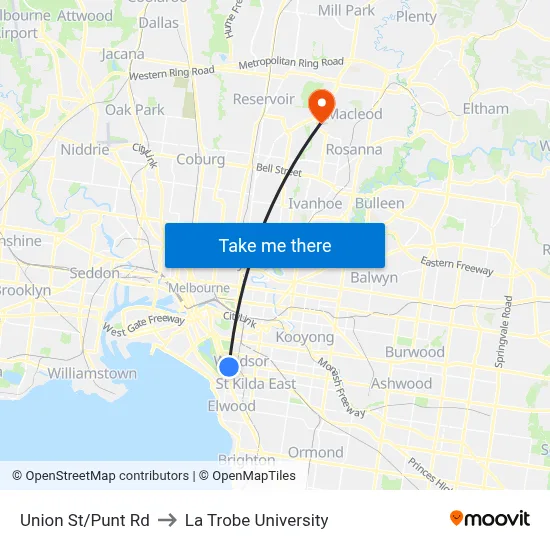 Union St/Punt Rd to La Trobe University map