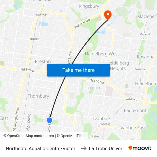 Northcote Aquatic Centre/Victoria Rd to La Trobe University map
