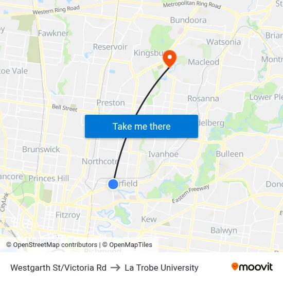 Westgarth St/Victoria Rd to La Trobe University map