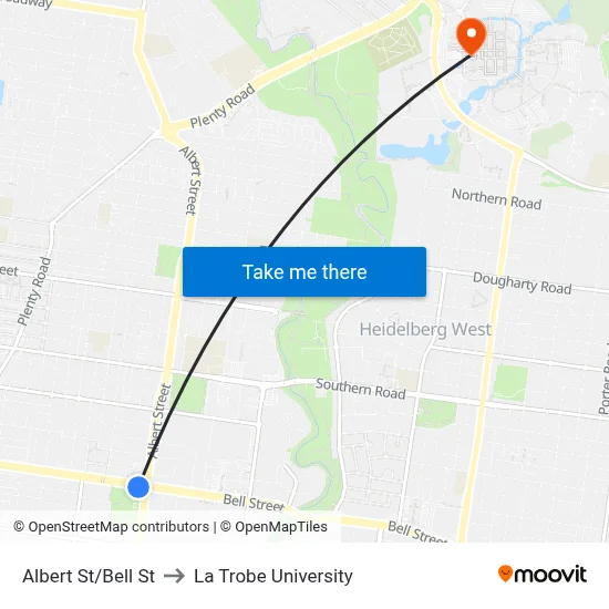 Albert St/Bell St to La Trobe University map
