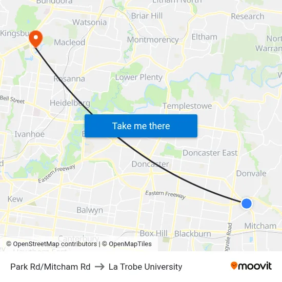 Park Rd/Mitcham Rd to La Trobe University map