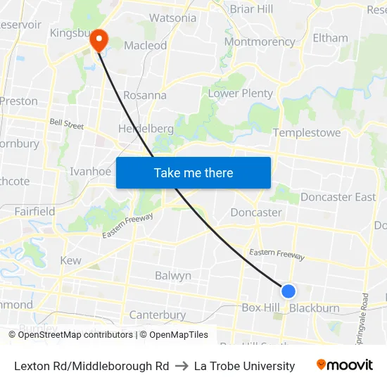 Lexton Rd/Middleborough Rd to La Trobe University map