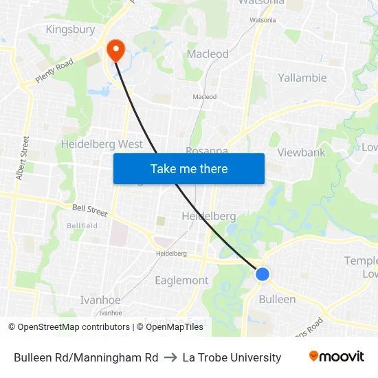 Bulleen Rd/Manningham Rd to La Trobe University map