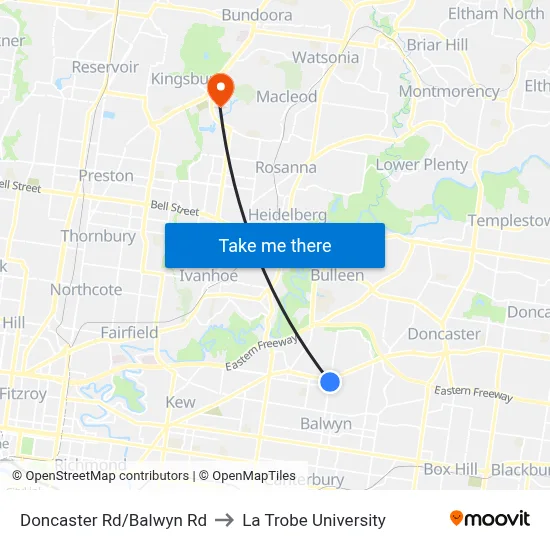 Doncaster Rd/Balwyn Rd to La Trobe University map