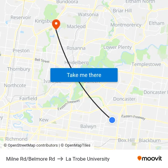 Milne Rd/Belmore Rd to La Trobe University map