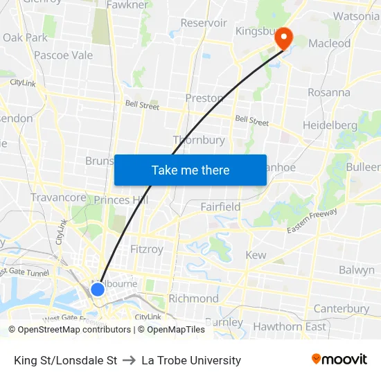 King St/Lonsdale St to La Trobe University map