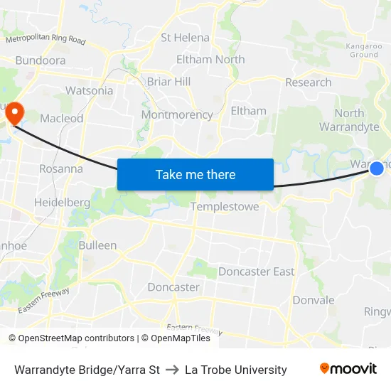 Warrandyte Bridge/Yarra St to La Trobe University map