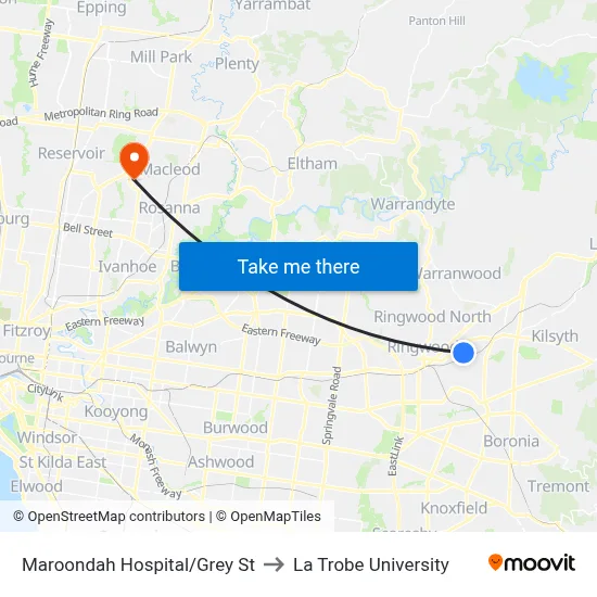 Maroondah Hospital/Grey St to La Trobe University map