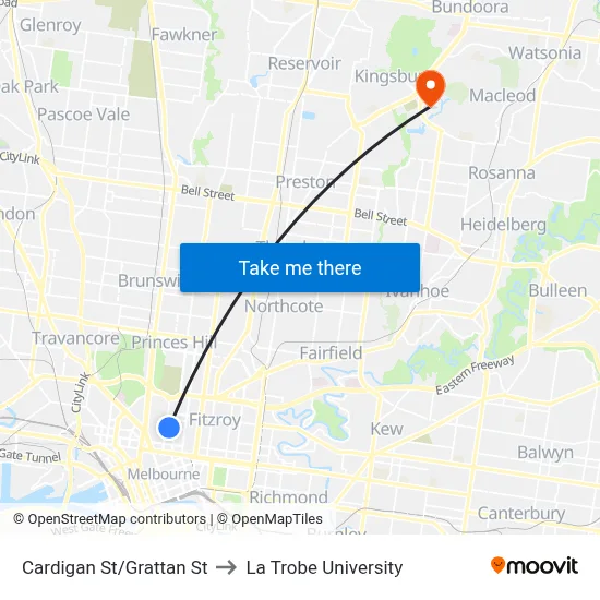 Cardigan St/Grattan St to La Trobe University map