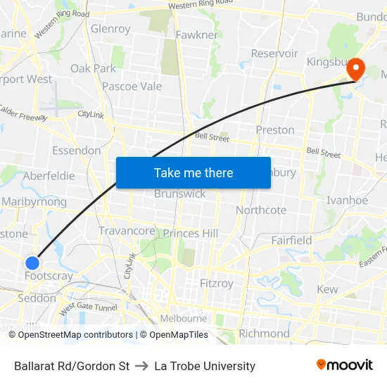Ballarat Rd/Gordon St to La Trobe University map