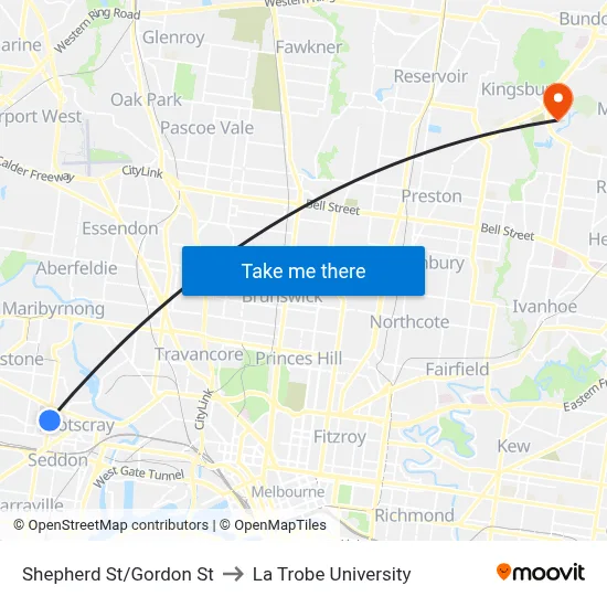 Shepherd St/Gordon St to La Trobe University map