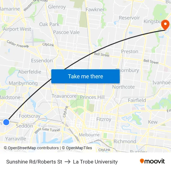 Sunshine Rd/Roberts St to La Trobe University map