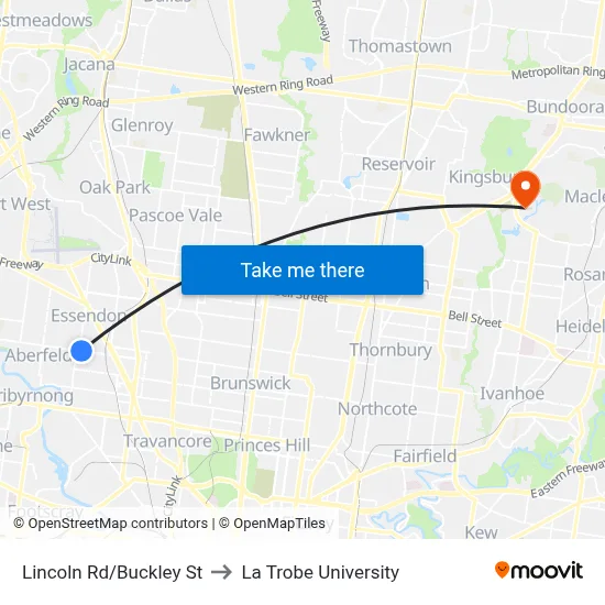 Lincoln Rd/Buckley St to La Trobe University map