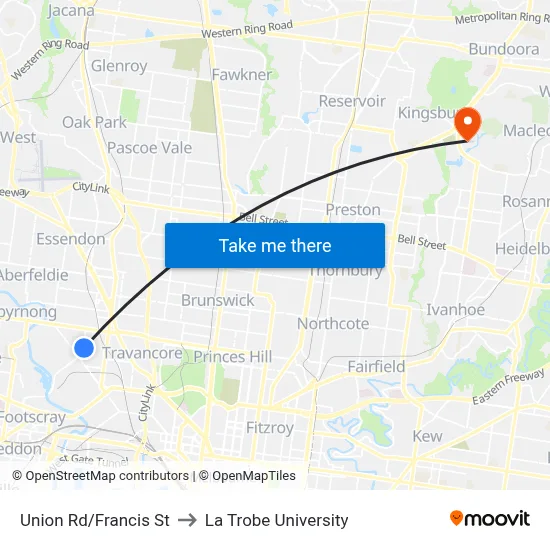 Union Rd/Francis St to La Trobe University map