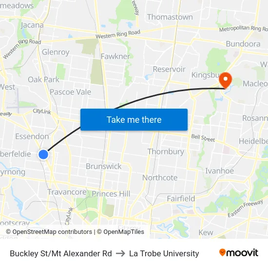 Buckley St/Mt Alexander Rd to La Trobe University map