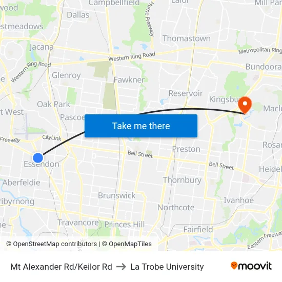 Mt Alexander Rd/Keilor Rd to La Trobe University map