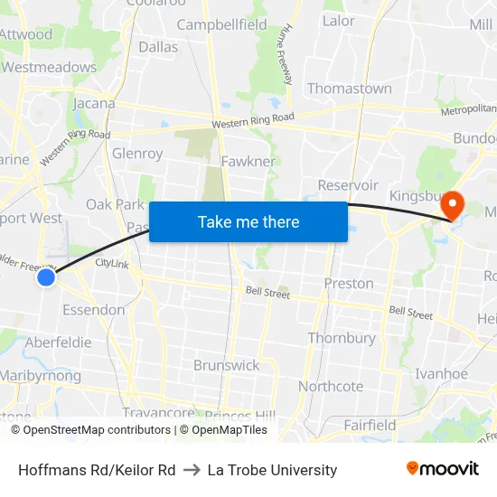 Hoffmans Rd/Keilor Rd to La Trobe University map