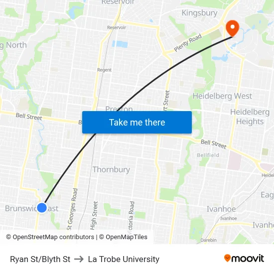 Ryan St/Blyth St to La Trobe University map