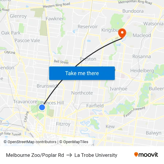 Melbourne Zoo/Poplar Rd to La Trobe University map
