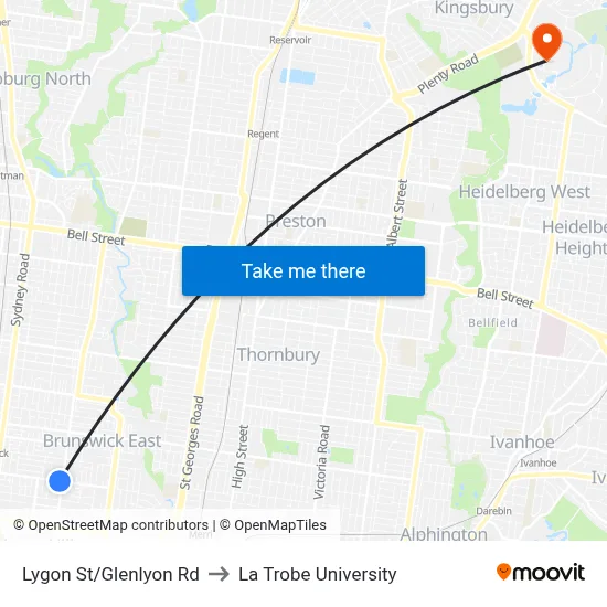 Lygon St/Glenlyon Rd to La Trobe University map