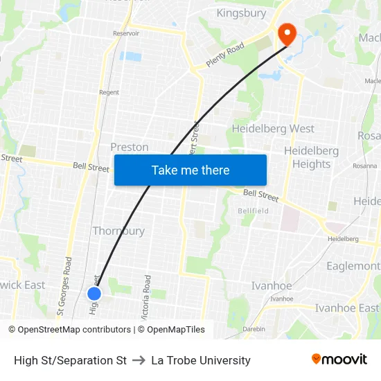 High St/Separation St to La Trobe University map