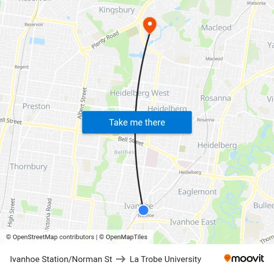 Ivanhoe Station/Norman St to La Trobe University map