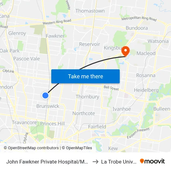 John Fawkner Private Hospital/Moreland Rd to La Trobe University map