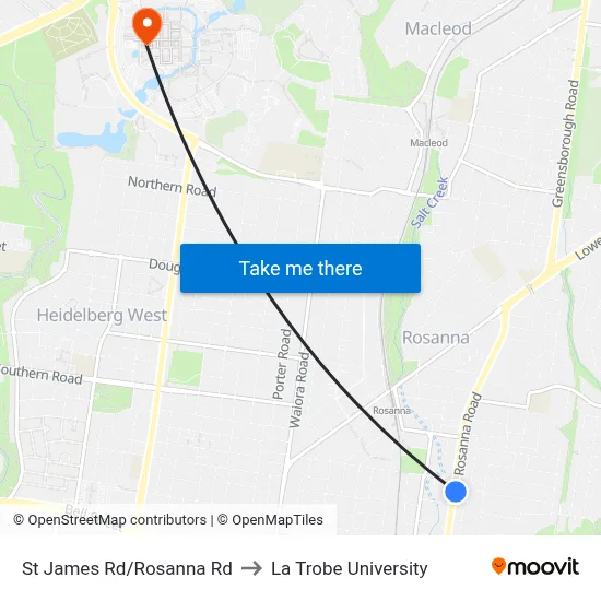 St James Rd/Rosanna Rd to La Trobe University map