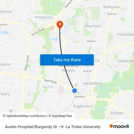 Austin Hospital/Burgundy St to La Trobe University map