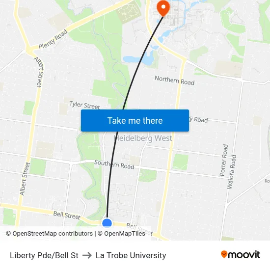 Liberty Pde/Bell St to La Trobe University map