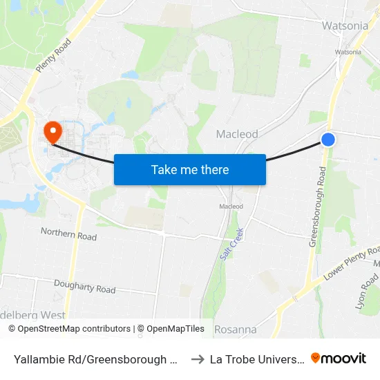 Yallambie Rd/Greensborough Hwy to La Trobe University map
