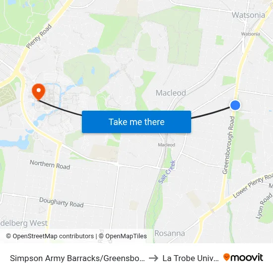 Simpson Army Barracks/Greensborough Hwy to La Trobe University map