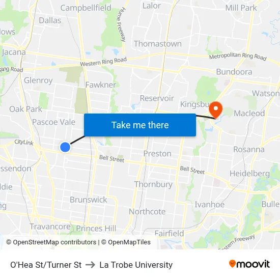 O'Hea St/Turner St to La Trobe University map