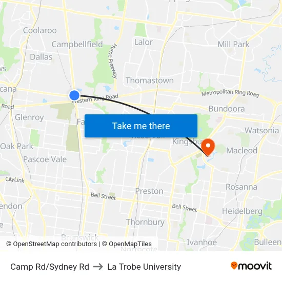 Camp Rd/Sydney Rd to La Trobe University map