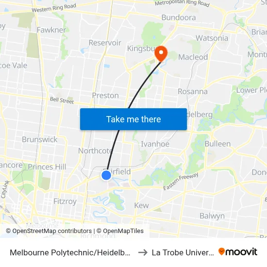 Melbourne Polytechnic/Heidelberg Rd to La Trobe University map