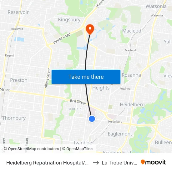 Heidelberg Repatriation Hospital/Banksia St to La Trobe University map