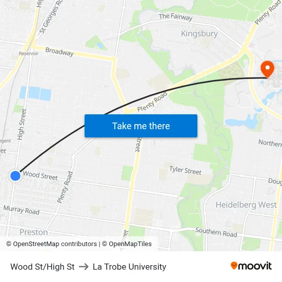 Wood St/High St to La Trobe University map