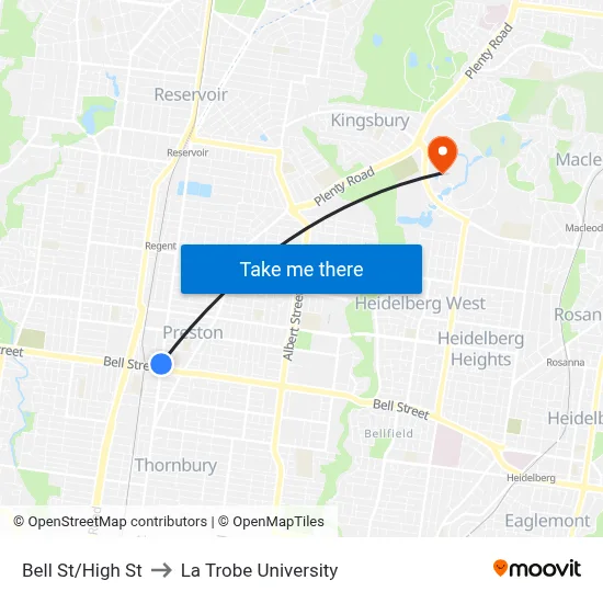 Bell St/High St to La Trobe University map