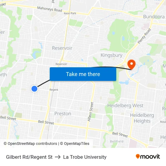 Gilbert Rd/Regent St to La Trobe University map