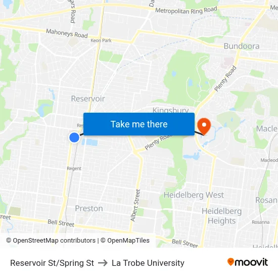 Reservoir St/Spring St to La Trobe University map